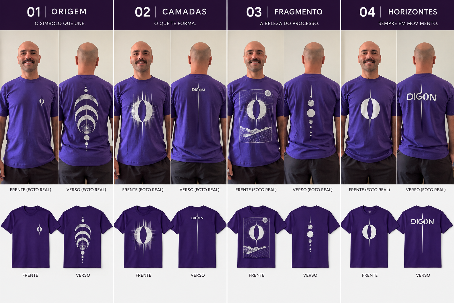 Catálogo oficial das quatro camisetas DIGON, com frente e verso