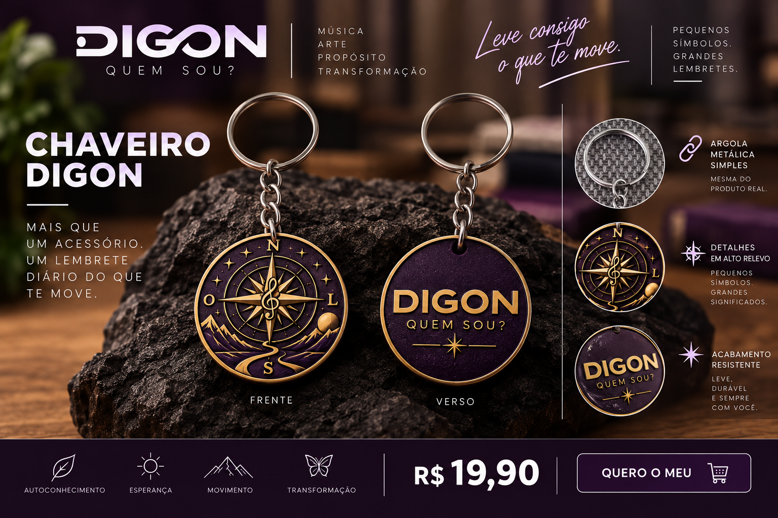 Catálogo oficial do chaveiro DIGON, mostrando frente, verso, argola e corrente metálicas